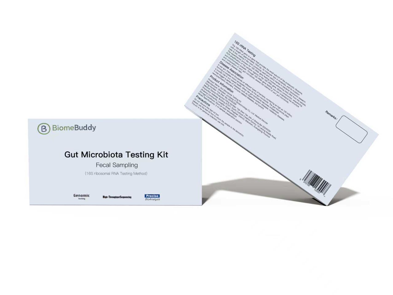 BiomeBuddy Testing Kit front and back packaging showing 16S rRNA testing method details
